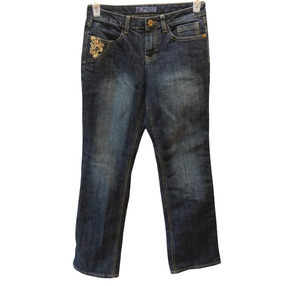 Baccini Women Size 4 Gold Sequins Embroidered Pocket Straight Leg Denim Jeans